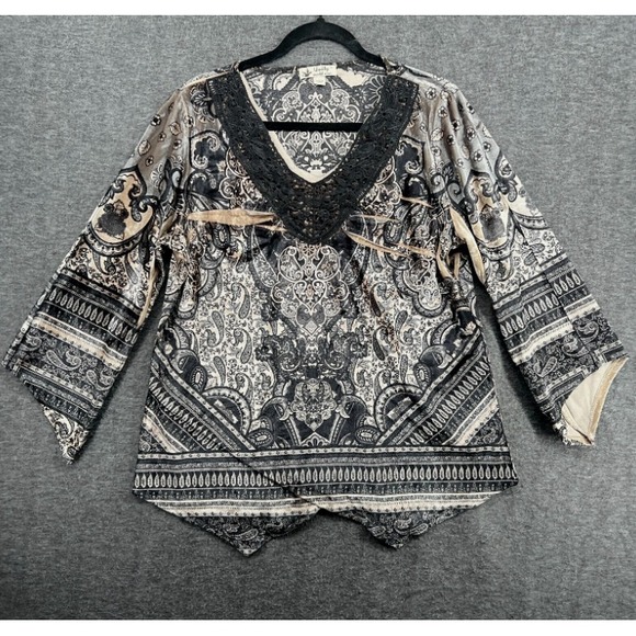 Unity Top Womens Size L Black Tan Velvet Sublimation Print Boho Abstract‎ Artsy - Picture 1 of 10